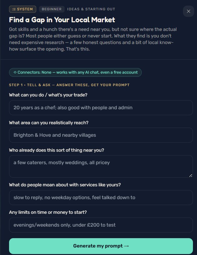 A Zax Vault System — answer a few plain questions and it writes the prompt for you