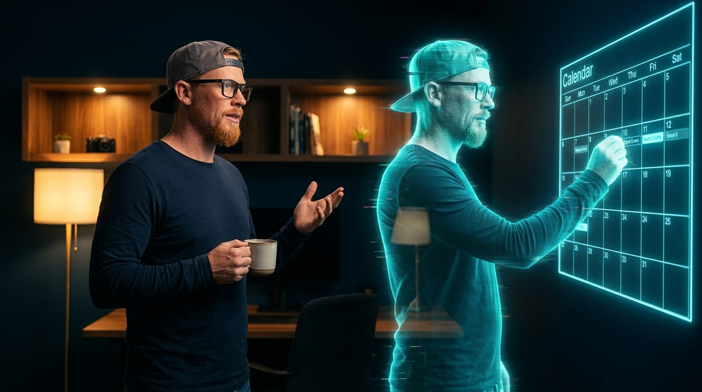 Zac with a coffee while his AI co-founder Zax works the screens